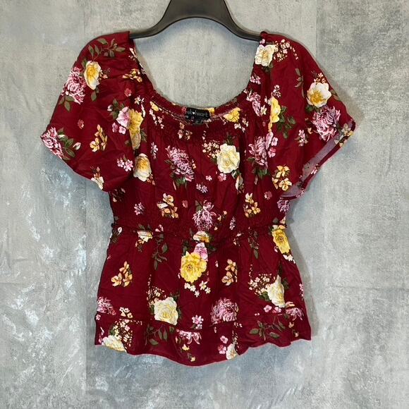 DEREK HEART Women's Biking Red Floral Smocked Peplum Top SZ M - Picture 1 of 7